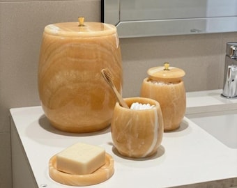Handmade Onyx Marmor Badezimmer Zubehör Set | Vanity Organizer (4 Stk) | Jedes Stück variiert