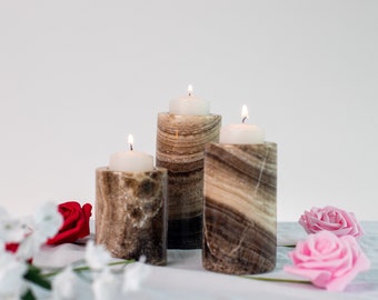 Handmade Marble Candle Holders | Brown, Beautiful, and Functional Home Decor Set of 3