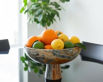 Hand-Carved Onyx Marble Footed Bowl - D-12" Fruit Salad Stand | Each Piece Varies |