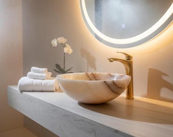 Round Marble Onyx Sink – Natural Stone Washbasin, Luxury Bathroom Sink, Modern Vessel Basin