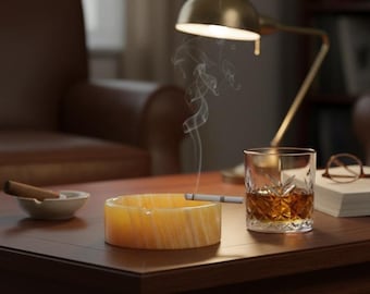 Onyx Stein Aschenbecher mit Zigarre Resten | Einzigartiges Geschenk für Raucher & Sammler Onyx Marmor Aschenbecher | 3 Zigarrenauflagen | Jedes Stück variiert