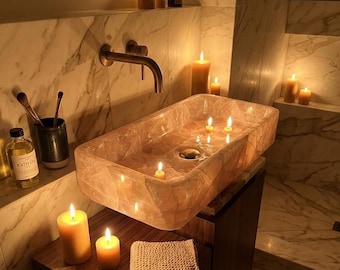 Pink Onyx Crystal Vanity Basin – Hand-Carved Rectangular Natural Stone Bathroom Sink
