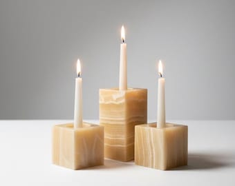 Handmade Onyx Marble Candle Holder Set | Square Decor Accents | Each Piece Varies |