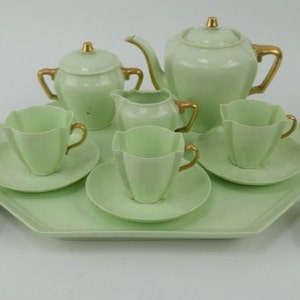 Antico set da 9 tazze in porcellana William Brownfield verde menta quadrifoglio, vaso da 9 pezzi, zucchero, barattolo di crema, 5 tazze e piattini, vassoio
