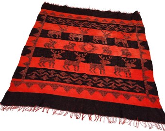Manta de las tierras altas guatemaltecas vintage hilada a mano y tejida a mano con rayas rojas y negras