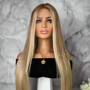 Dark Blonde Wig with Highlights: Heat Resistant Synthetic Hair, T-Part Lace Front, 30"