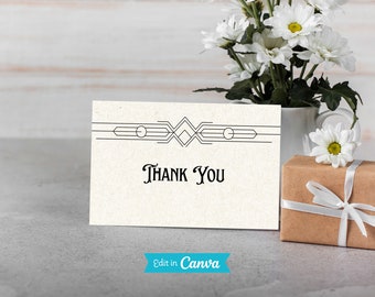 Art Deco Thank You Card (White), Two Styles/Sizes, Flat & Folded, Modern, Minimalist, Filigree, Editable Template, Canva, DIY, Digital File