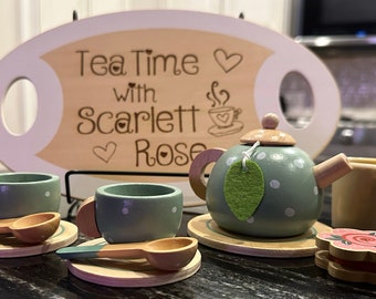 15pcs Wooden Tea Set for Little Girls | Personalized Tea Set | Toddler Play Kitchen Accessories | Easter Gift