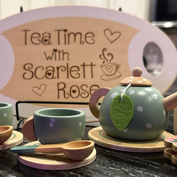 15pcs Wooden Tea Set for Little Girls | Personalized Tea Set | Toddler Play Kitchen Accessories | Easter Gift