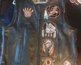 Native American themed hand sewn leather vest