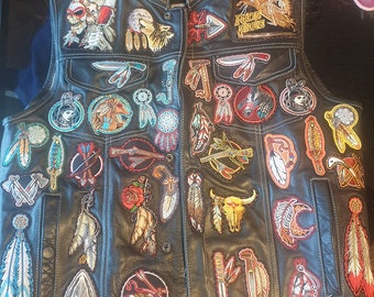 Native American themed hand sewn leather vest