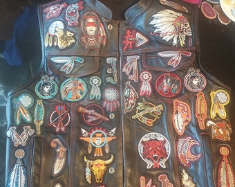 Native themed patched out hand sewn leather vest