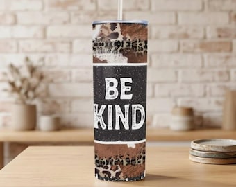 Be Kind Western-beker 20oz | Skinny beker van runderleer en luipaardprint | Geïsoleerde reisbeker | Rodeo Country Esthetisch Cadeau