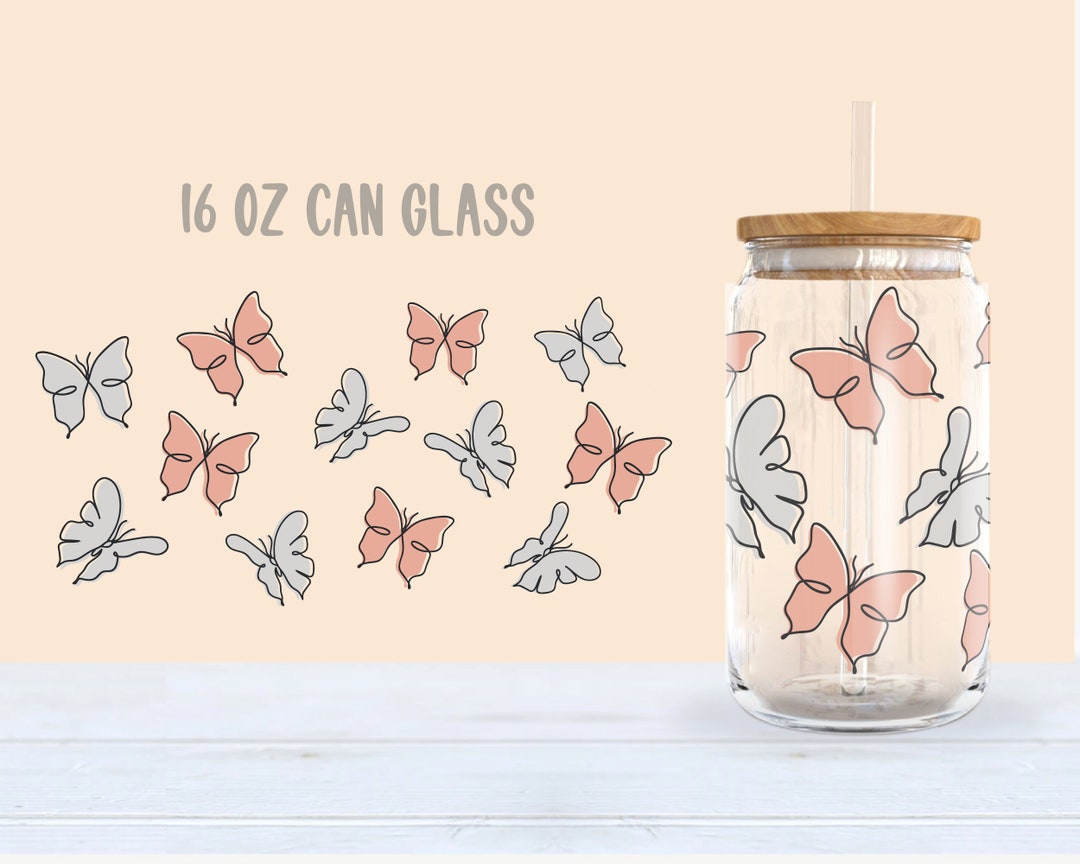 16oz Libbey Glass Can PNG, Butterfly Line Art , 16oz Glass Can Cutfile ...