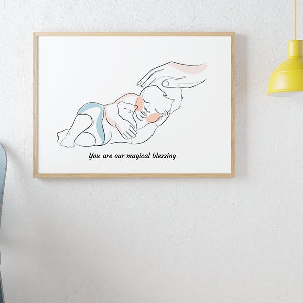 Personalized Sleeping Baby & Mother's Embrace | Minimalist Line Art Wooden Framed Nursery Birth Poster