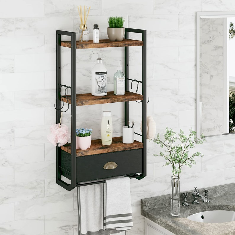 3tier Metal Industrial Bathroom Shelves With Towel Bar Etsy