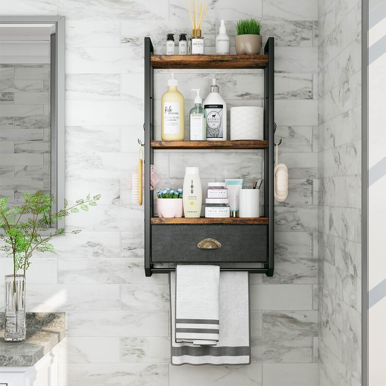 3tier Metal Industrial Bathroom Shelves With Towel Bar Etsy