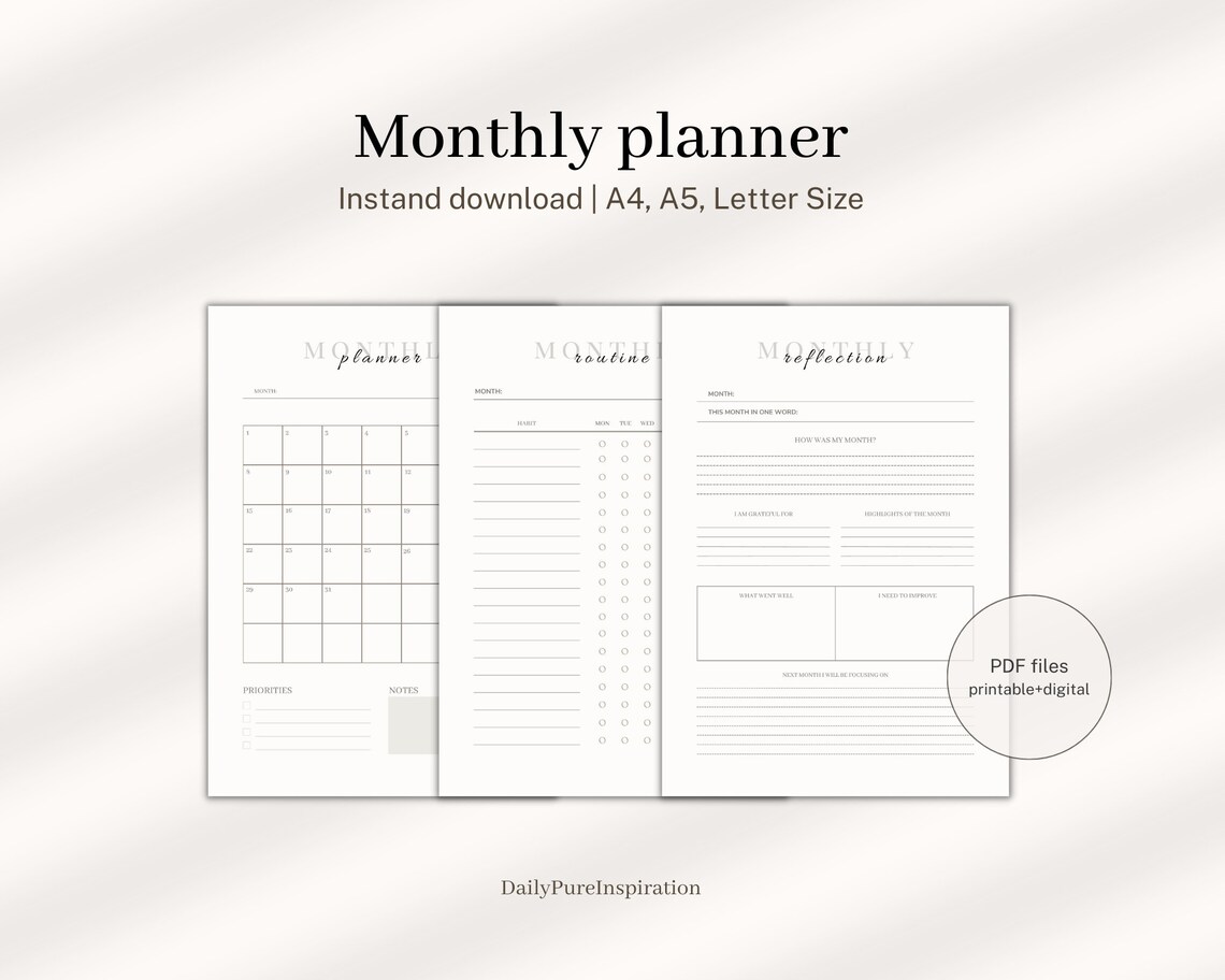 Monthly Planner, Printable Digital Planner, Monthly Goals, Monthly to ...