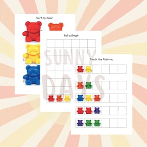 Può includere: Un foglio di lavoro stampabile con tre attività per bambini: Ordina per colore, Crea un grafico e Completa il modello. Il foglio di lavoro presenta immagini di orsacchiotti colorati.