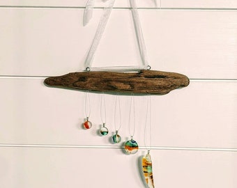 Windchime Featuring Unique Kiln Formed Fused Glass and Driftwood - hangs 13" from bow to tip, 10" wide