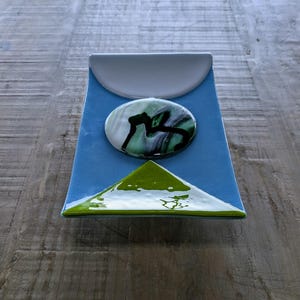 Unique Fused Glass Rectangular Plate or Wall hanging in Striking Greens and Blue, 10" x 6"