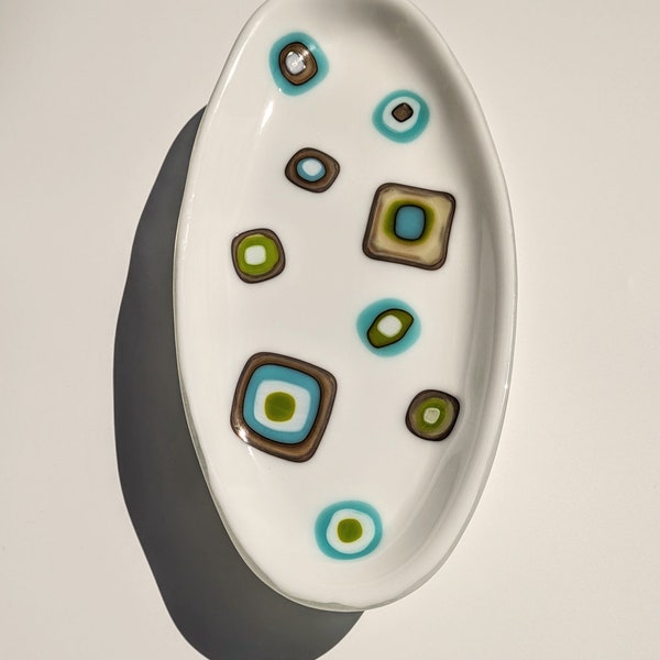 Shallow Oval Shaped Fused Glass Dish with Funky Retro Splashes of Color - 11"L x 5"W