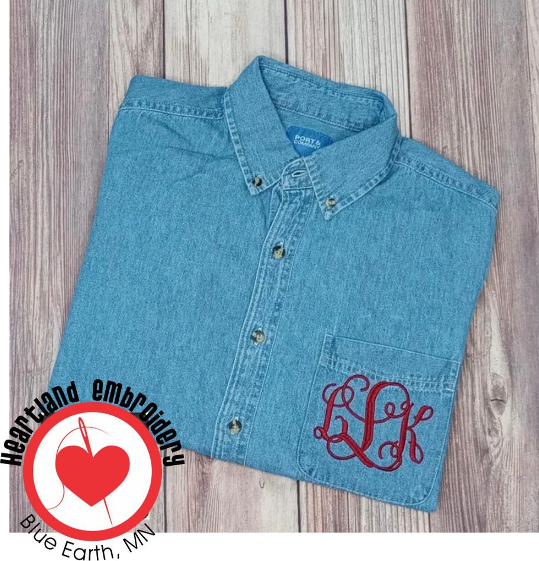 Markeza Monogrammed Denim Shirt / Denim Button Down Shirt with Embroidered Name or Monogram