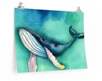 クジラの絵画 - 帆船の下のシロナガスクジラの版画、水彩画、クジラ