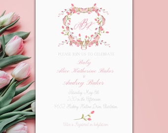 Downloadable OR Printed Watercolor Pink Tulip Baby Shower Invitation