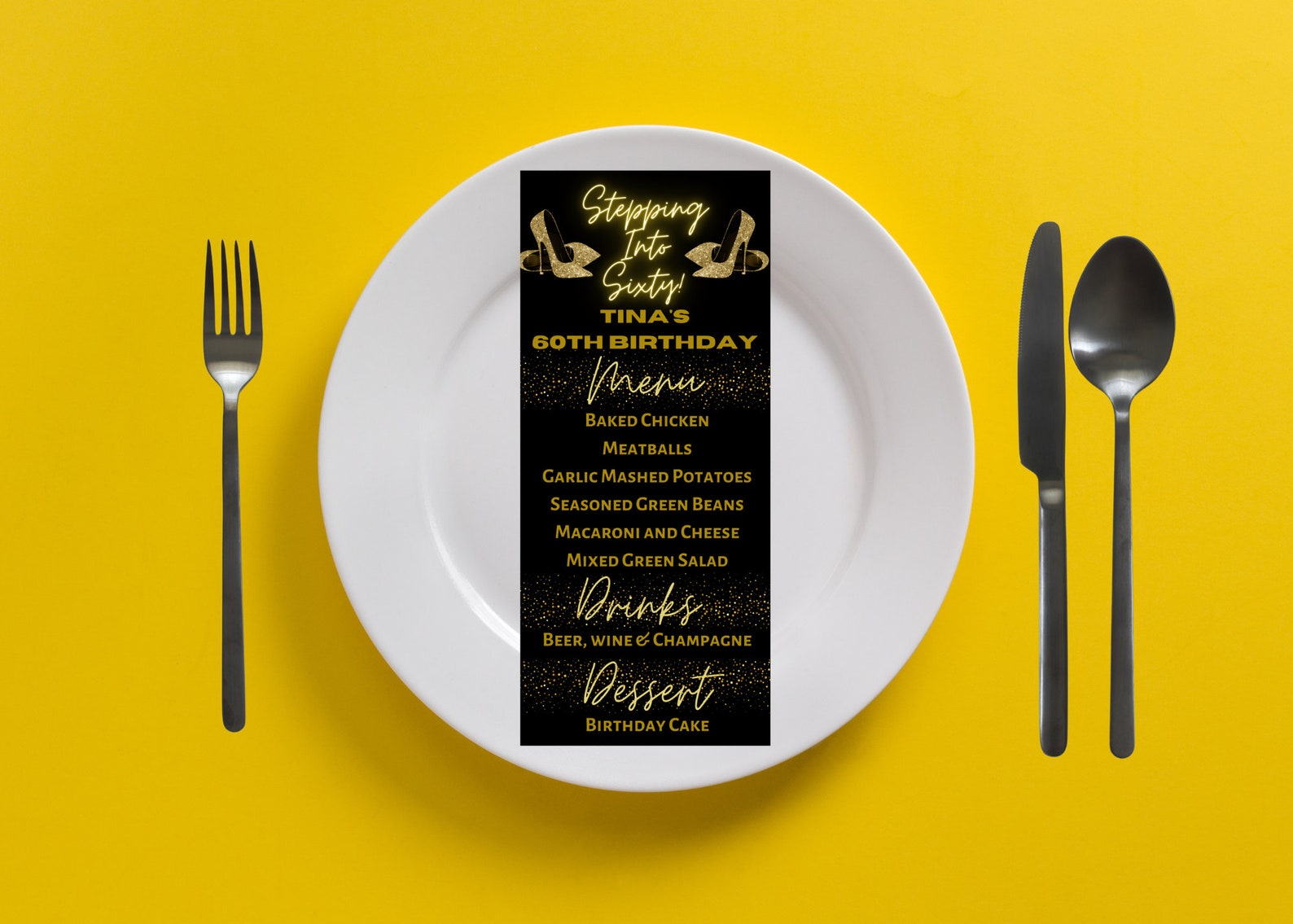 Stepping Into Sixty 60th Birthday Food Menu, Black and Gold Food Menu