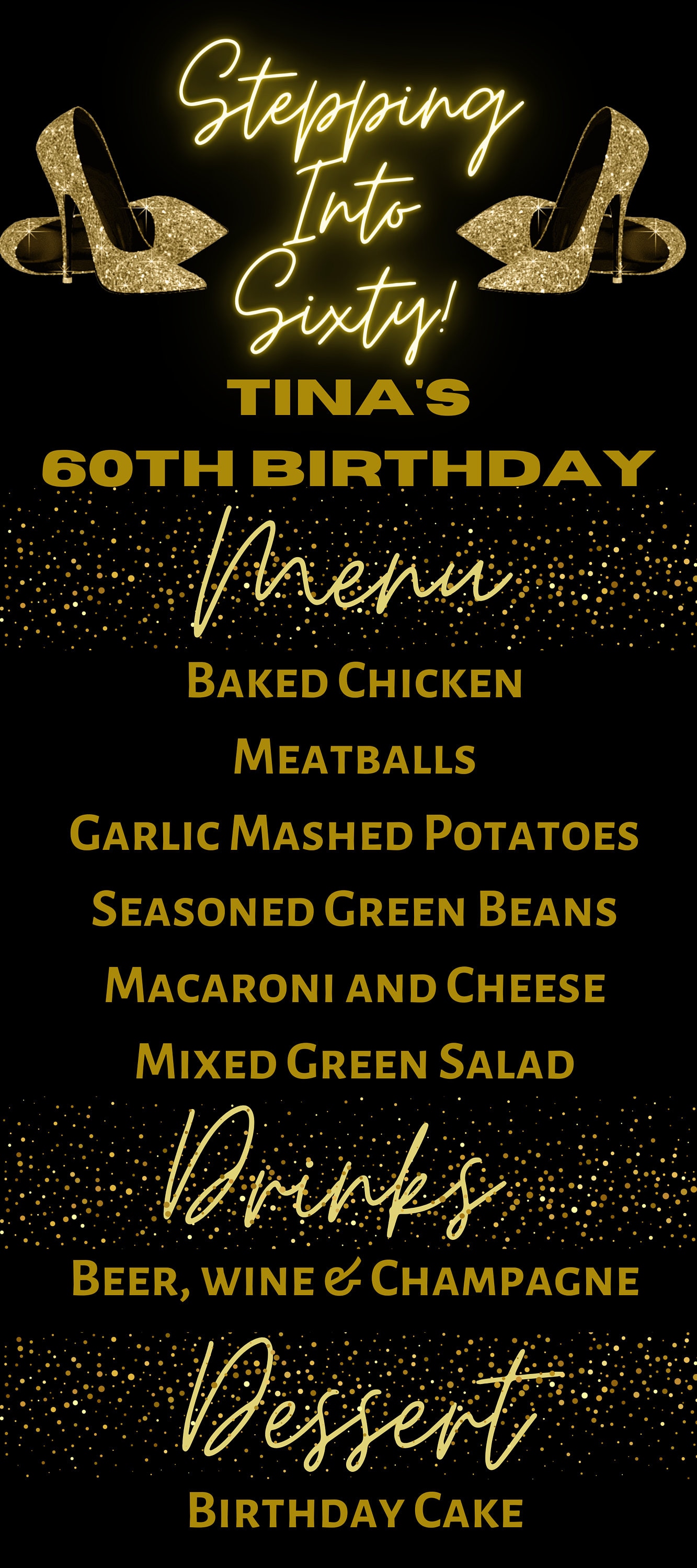 Stepping Into Sixty 60th Birthday Food Menu, Black and Gold Food Menu