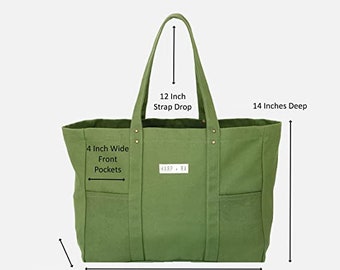 Large Canvas Tote Bag - Utility Tote with 2 Front Pockets and Laptop Sleeve, Teacher Bag in 16 Oz Organic Cotton - Mothers day gift