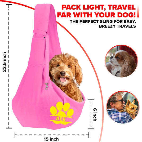 Personalized Pink Dog Sling Carrier for Small Dogs with Name- Customized Pet Sling Carrier–Custom Hands Free Doogie Sling Chest Wrap