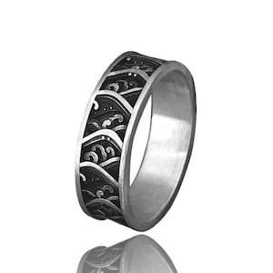 Japanese The Great Wave of Kanagawa Ring, Wedding Ring, Engraved Promise Rings for Couples, 925 Sterling Silver, Mens Wedding Ring, Man Gift