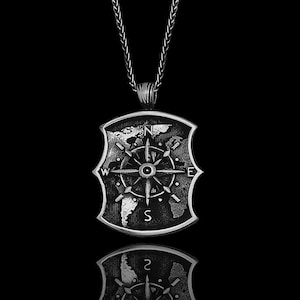 World Map Compass Silver Necklace, Nautical Travel Compass Necklace, Personalized World Compass Pendant, Personalized Compass Necklace