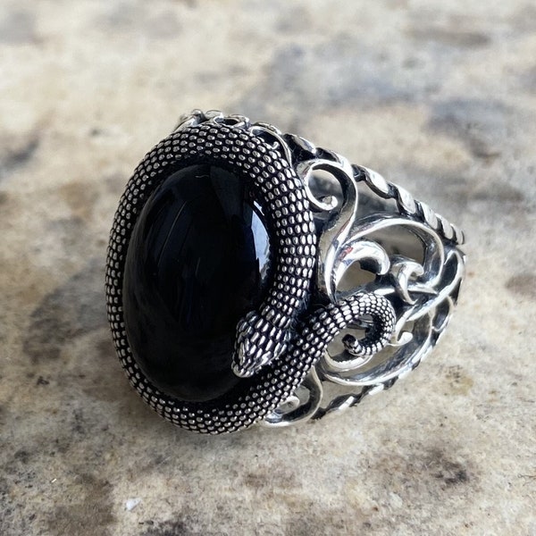 Black Gemstone Snake Men Ring, 925 Sterling Silver Ring, Gift for Father's Day