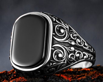 Baroque Patterned Silver Men's Ring, Black Onyx Gemstone Ring, 925 Sterling Silver Men's Ring, Gift For Boyfriend, Gift For Fathers Day