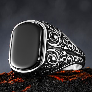 Baroque Patterned Silver Men&#39;s Ring, Black Onyx Gemstone Ring, 925 Sterling Silver Men&#39;s Ring, Gift For Boyfriend, Gift For Fathers Day