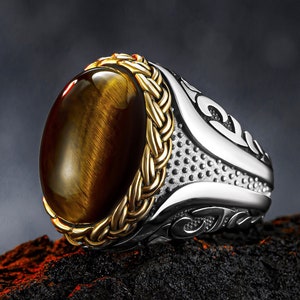 Tiger&#39;s Eye Mens Ring: Oval Gemstone, 925 Sterling Silver, Handmade