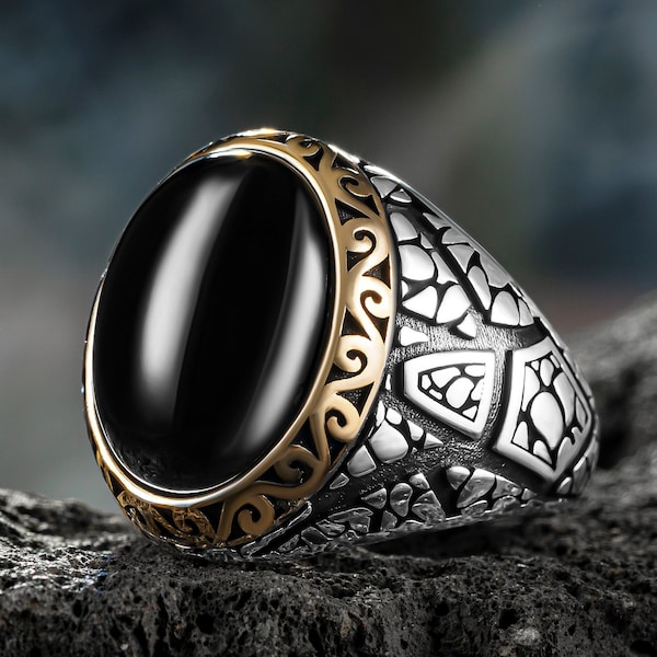 Black Onyx Gemstone Ring, Men Sterling Silver Ring, Engraved Men Ring, Men Vintage Ring, Father's Day Gift, Gift for Husband