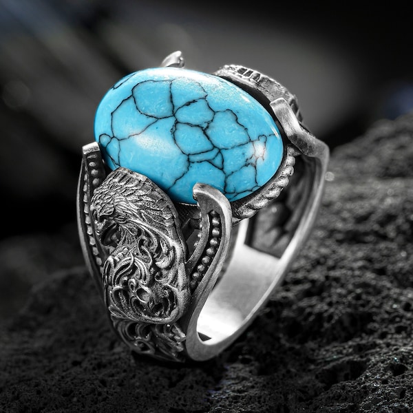 Turquoise Stone Eagle Mens Ring, Oxidized Mens Silver Ring, Eagle Unique Animal Ring, 925 Sterling Silver Ring, Gift For Boyfriend
