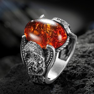 Amber Stone Eagle Mens Ring, Eagle Unique Animal Ring, Engraved Ring, Sterling Silver Mens Rings, Husband Silver Gift Ring, Gift For Father