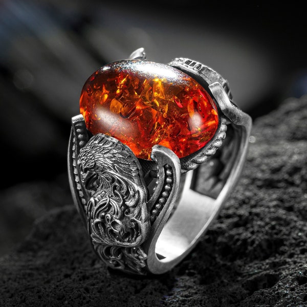 Amber Stone Eagle Mens Ring, Eagle Unique Animal Ring, Engraved Ring, Sterling Silver Mens Rings, Husband Silver Gift Ring, Gift For Father