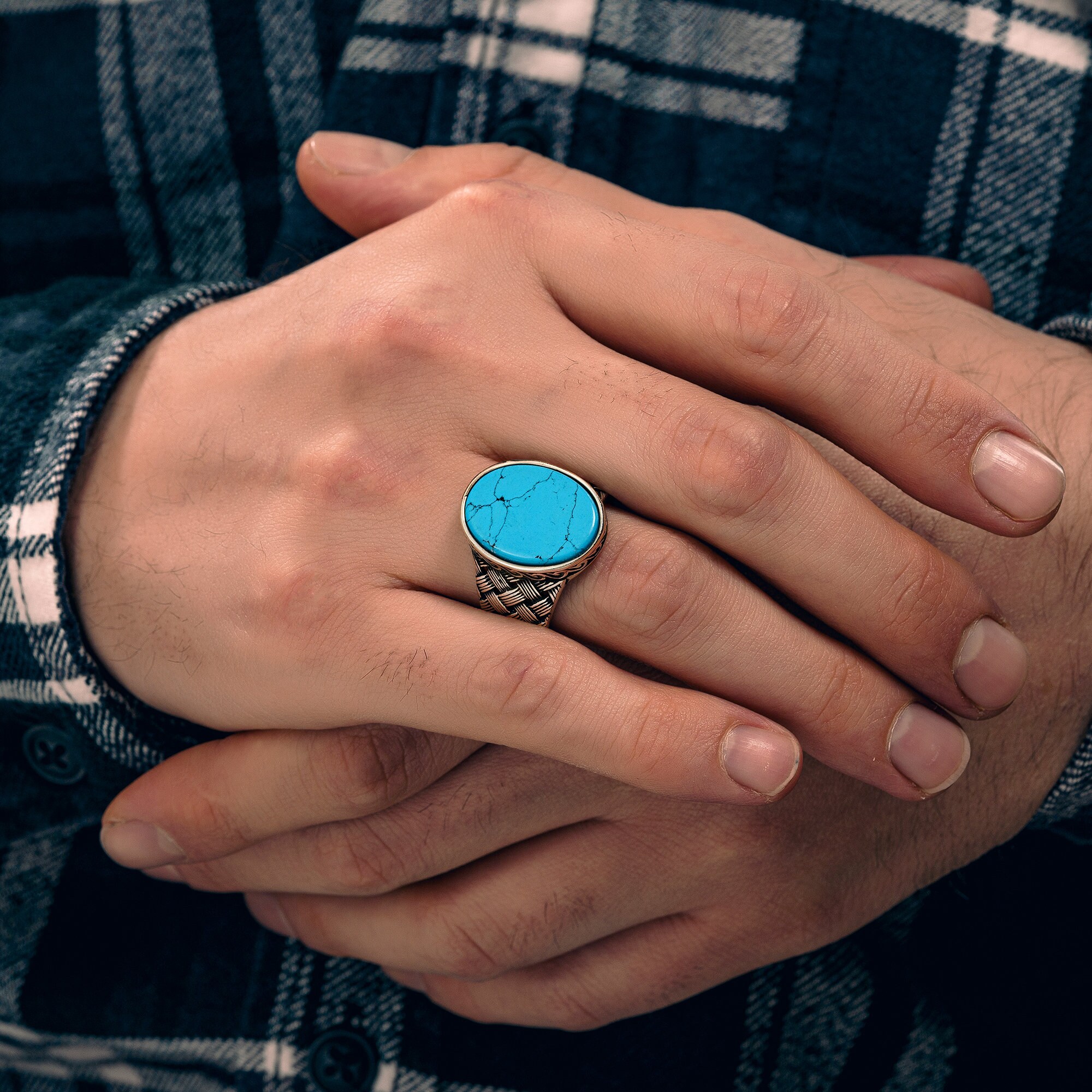 Stunning Copper Turquoise Ring - 925 Sterling Silver Men's Ring, Vintage Style, Square Gemstone