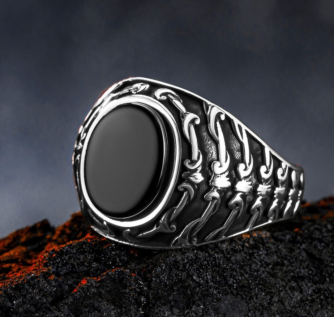 Bague Ancienne En Argent 925 Avec Onyx Noir - Taille 52, Occasion, Style Vintage