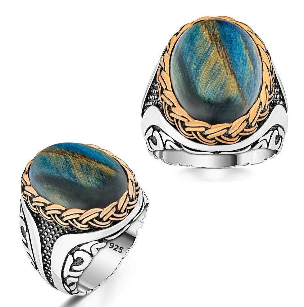 Anello Uomo In Acciaio Oro Con Occhio Di Tigre Naturale - Taglie 7-15, Stile Art Deco - Foto 8