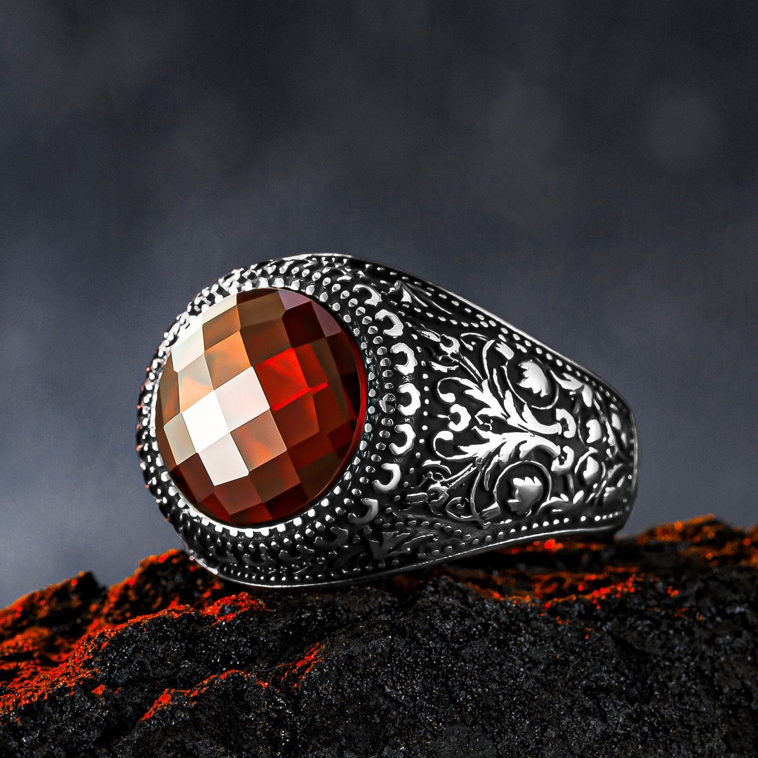 Round Red Zirkon Stone Men's Ring, Baroque Patterned 925 Sterlin Silver ...