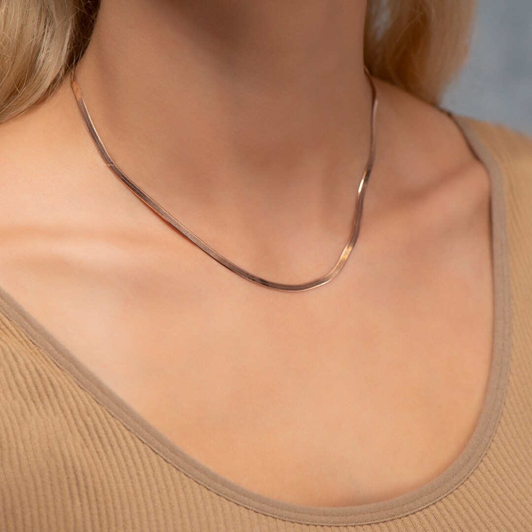 Italian Rose Gold Chain, Rose Gold Snake Necklace, Herringbone Chain
