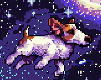Dog in space in pixel style, cute dog in space in pixel style, created with AI