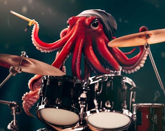 Octopus playing drums, octopus playing drums on a stage, red octopus playing drums, octopus with bandana playing drums, king of drums